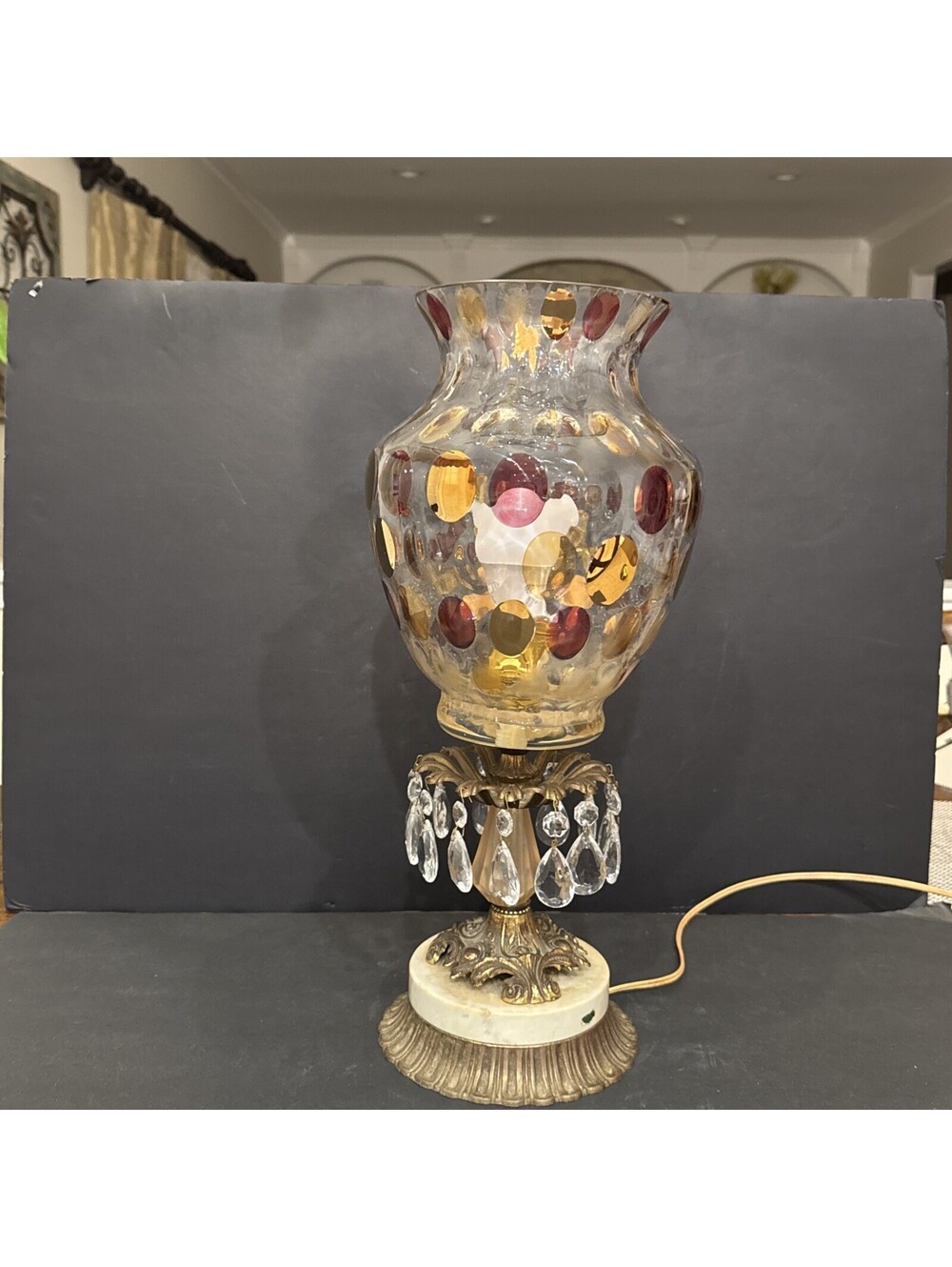 Vintage Hollywood Regency Bohemian Art Glass Marble Base Table Lamp 17.75” H